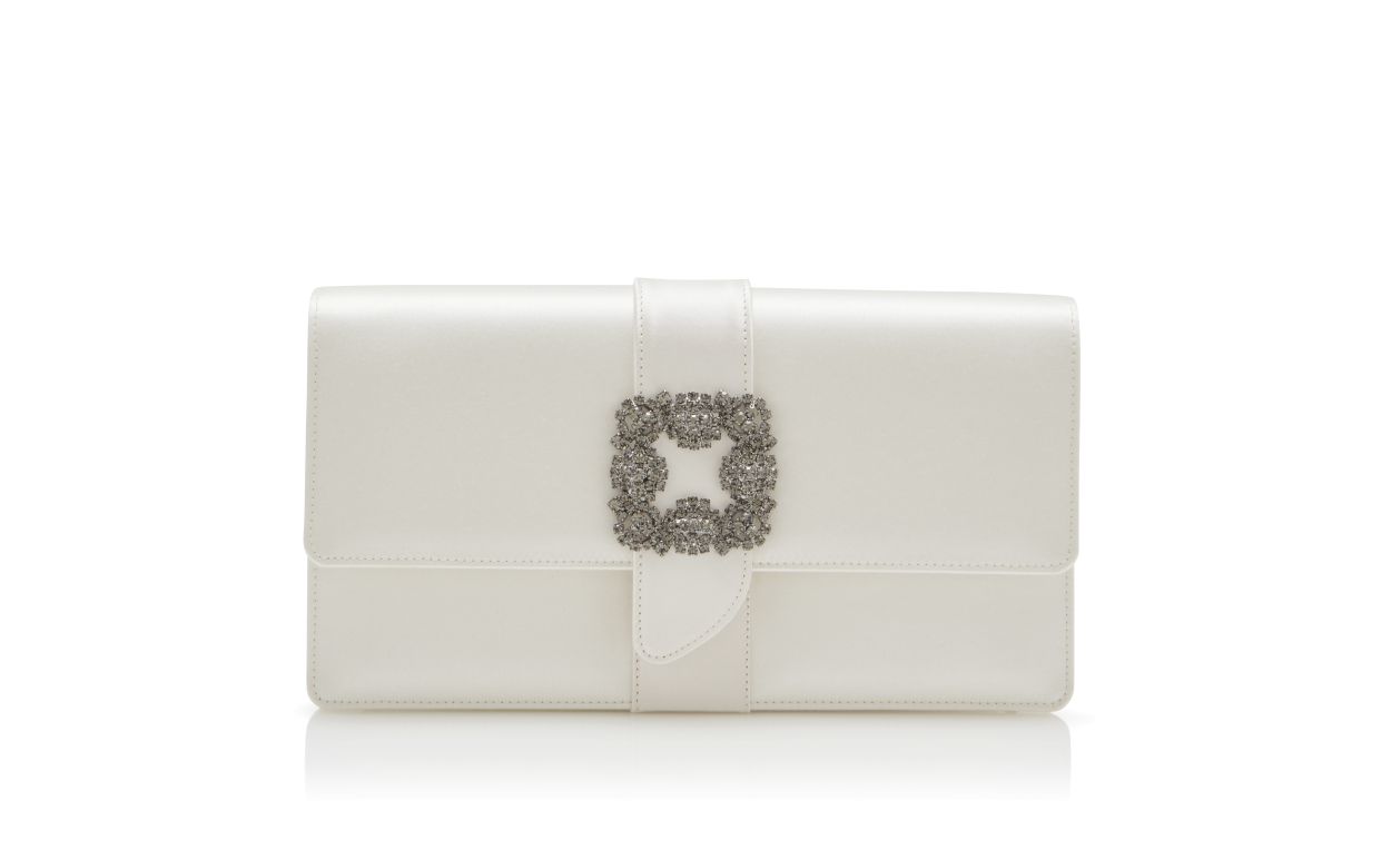 Bolso de mano rectangular de satín blanco con hebilla de joya