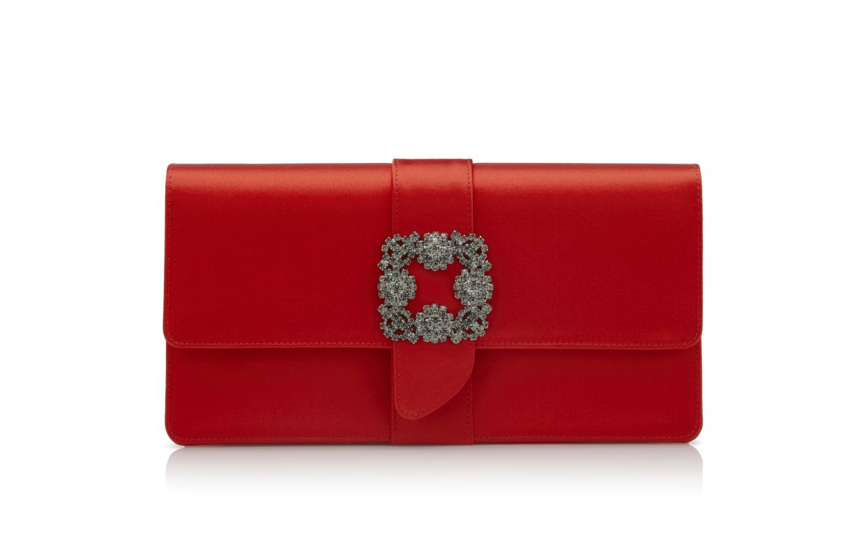 Bolso de mano con hebilla de joya de satín rojo