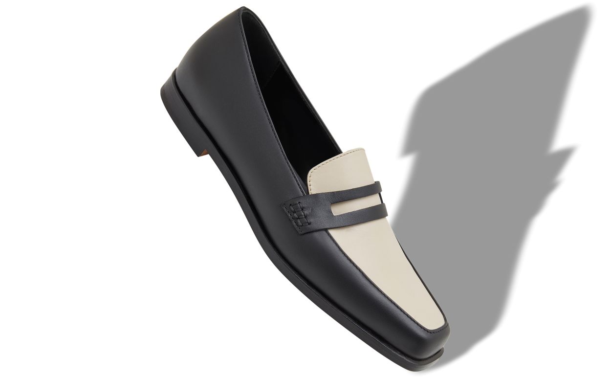 Zapatillas de cuero de becerro negro y crema
