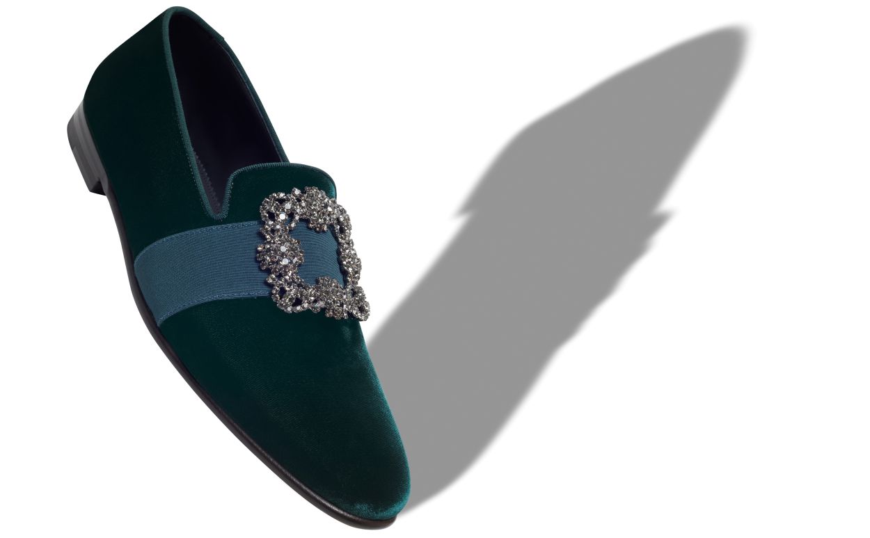 Zapatillas de cuero con hebilla de joya de terciopelo verde
