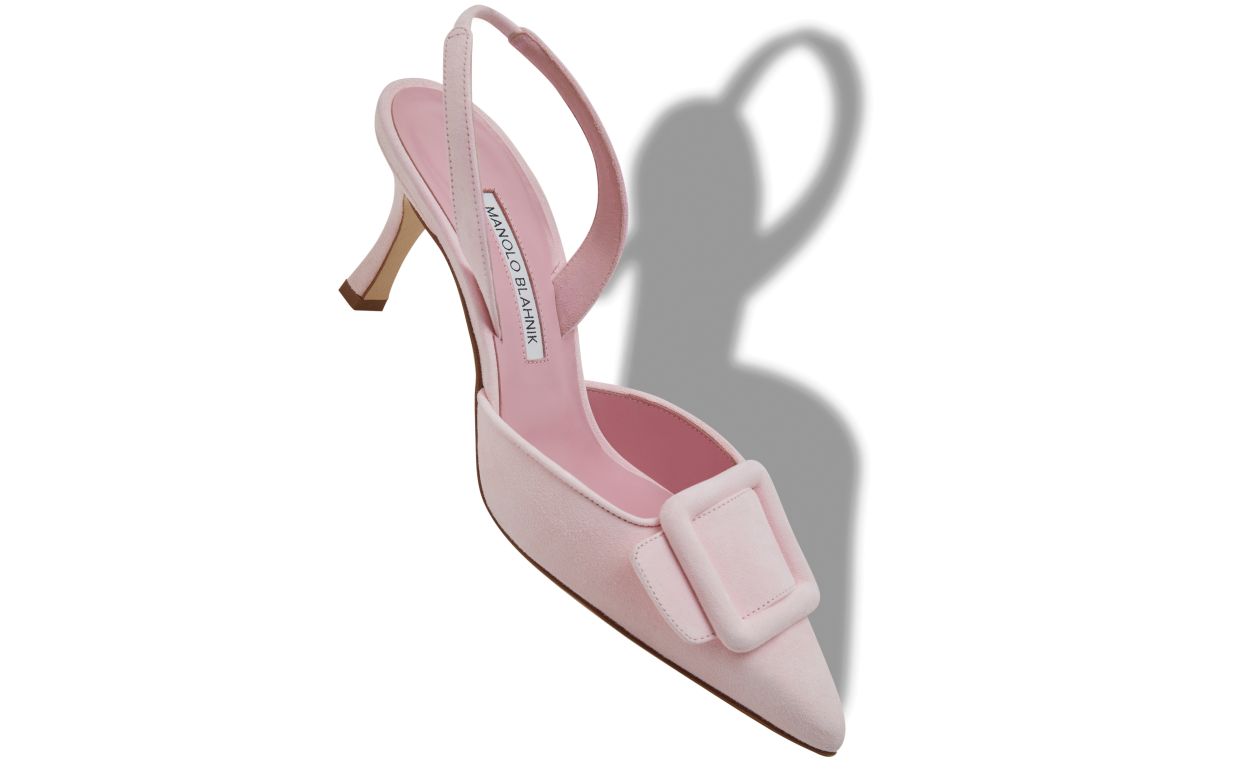 Zapatillas de tacón con hebilla de ante rosa claro