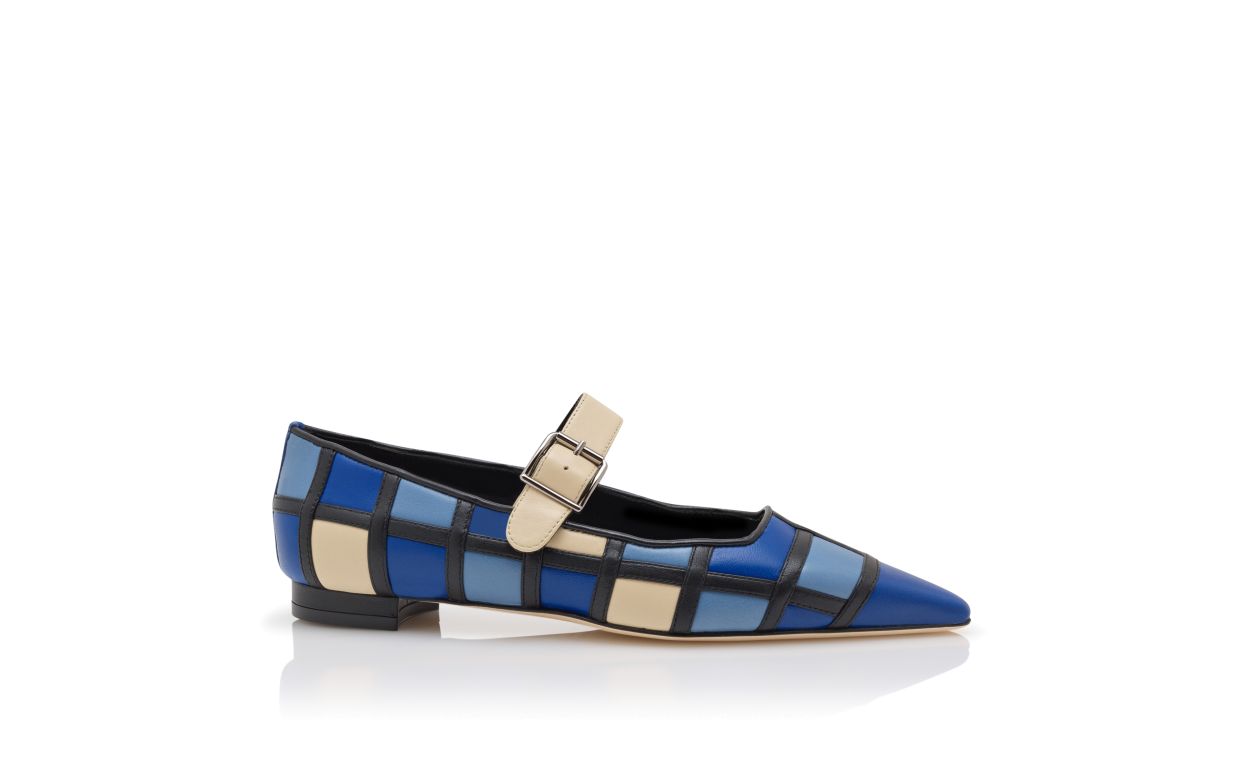 Zapatillas planas de cuero napa azul y crema tipo Mary Jane