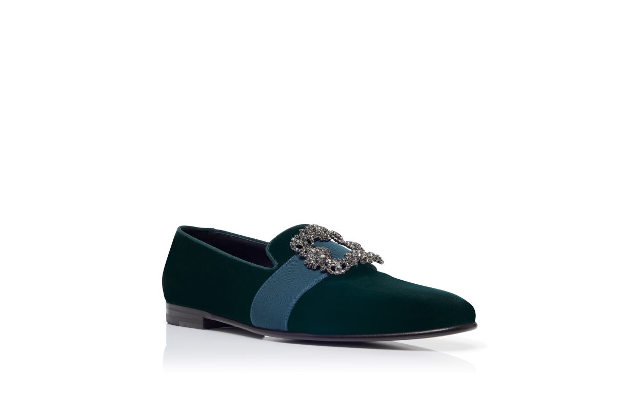 Zapatillas de cuero con hebilla de joya de terciopelo verde