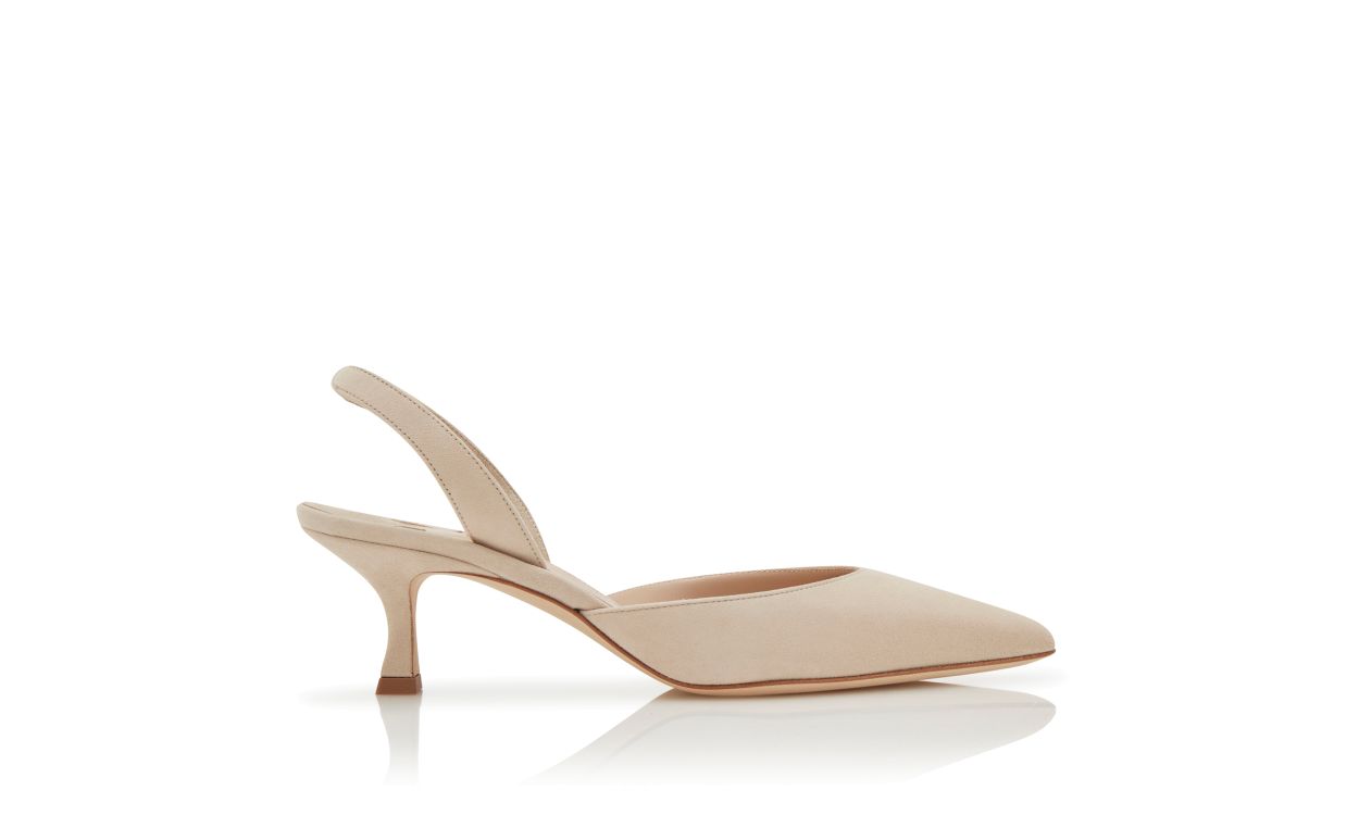 Zapatillas de tacón de ante beige claro con tirador