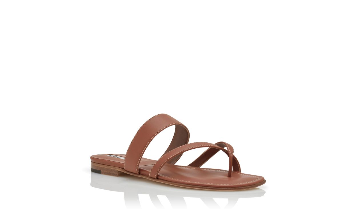 Chanclas planas de cuero de vitela marrón con correas cruzadas