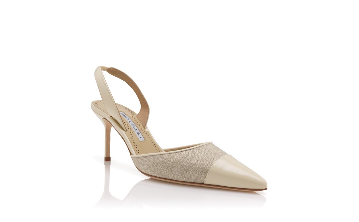 Zapatos de tacón tipo bombacho de lino beige claro