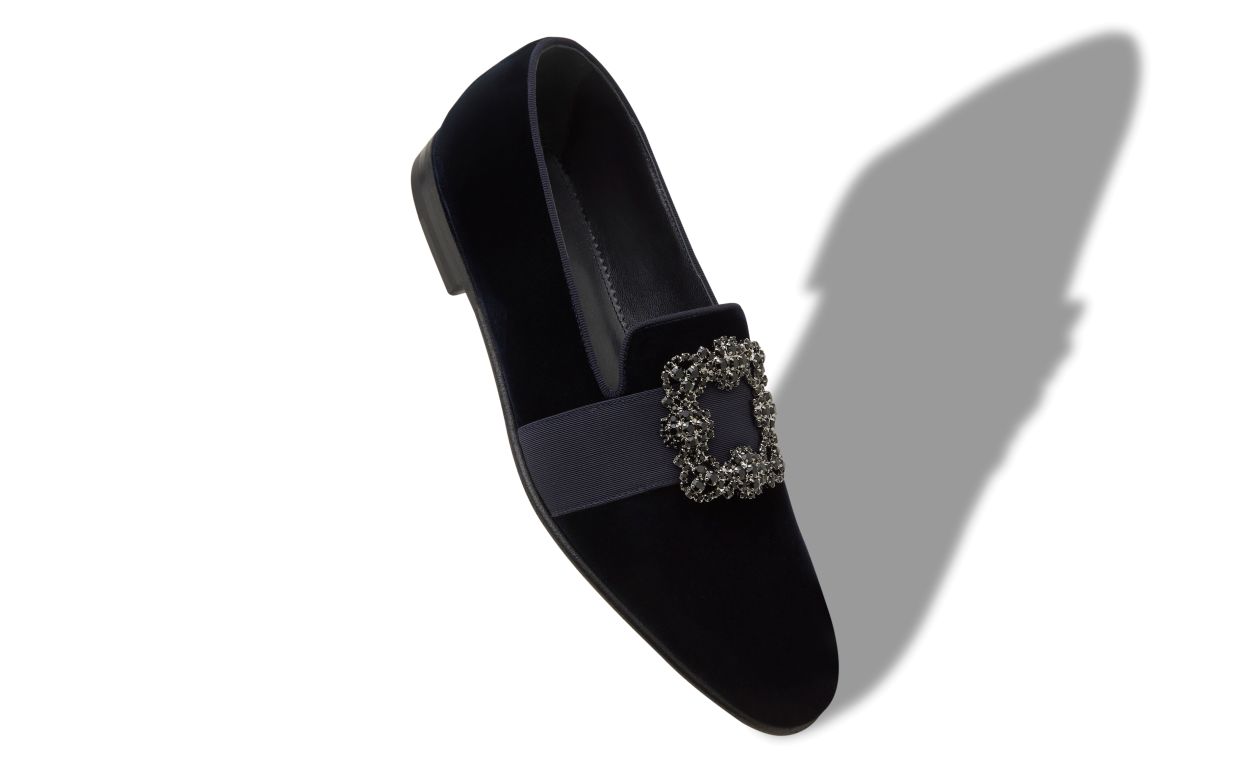 Zapatillas de cuero con hebilla de cristal de terciopelo azul oscuro