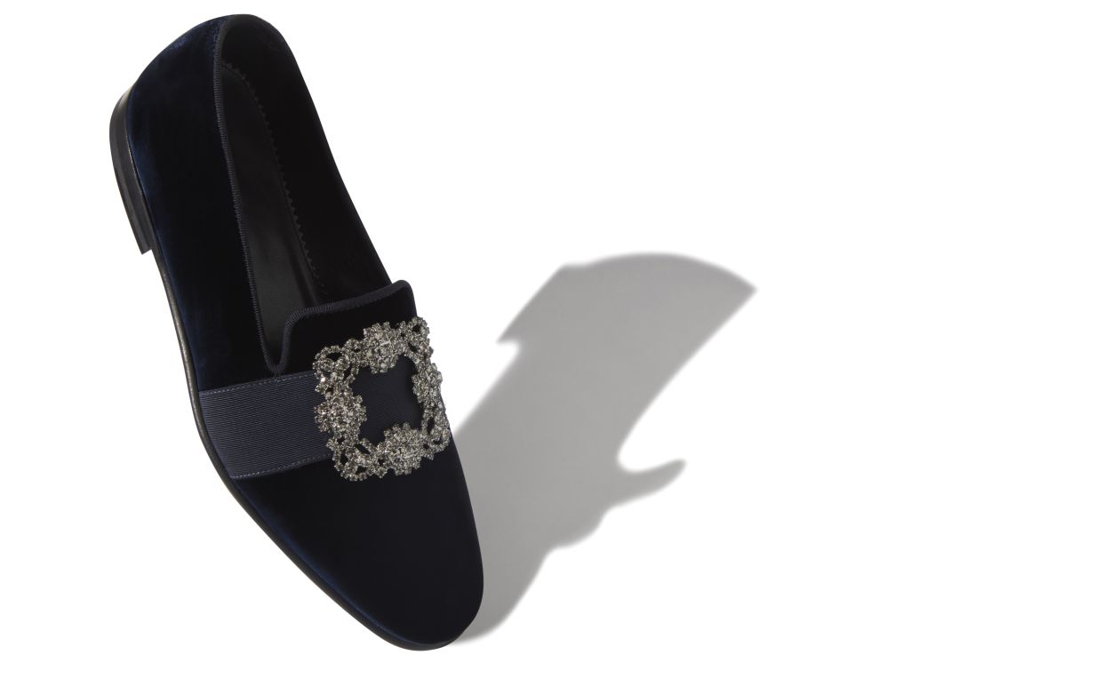 Zapatillas de vestir con hebilla de cristal de terciopelo azul marino
