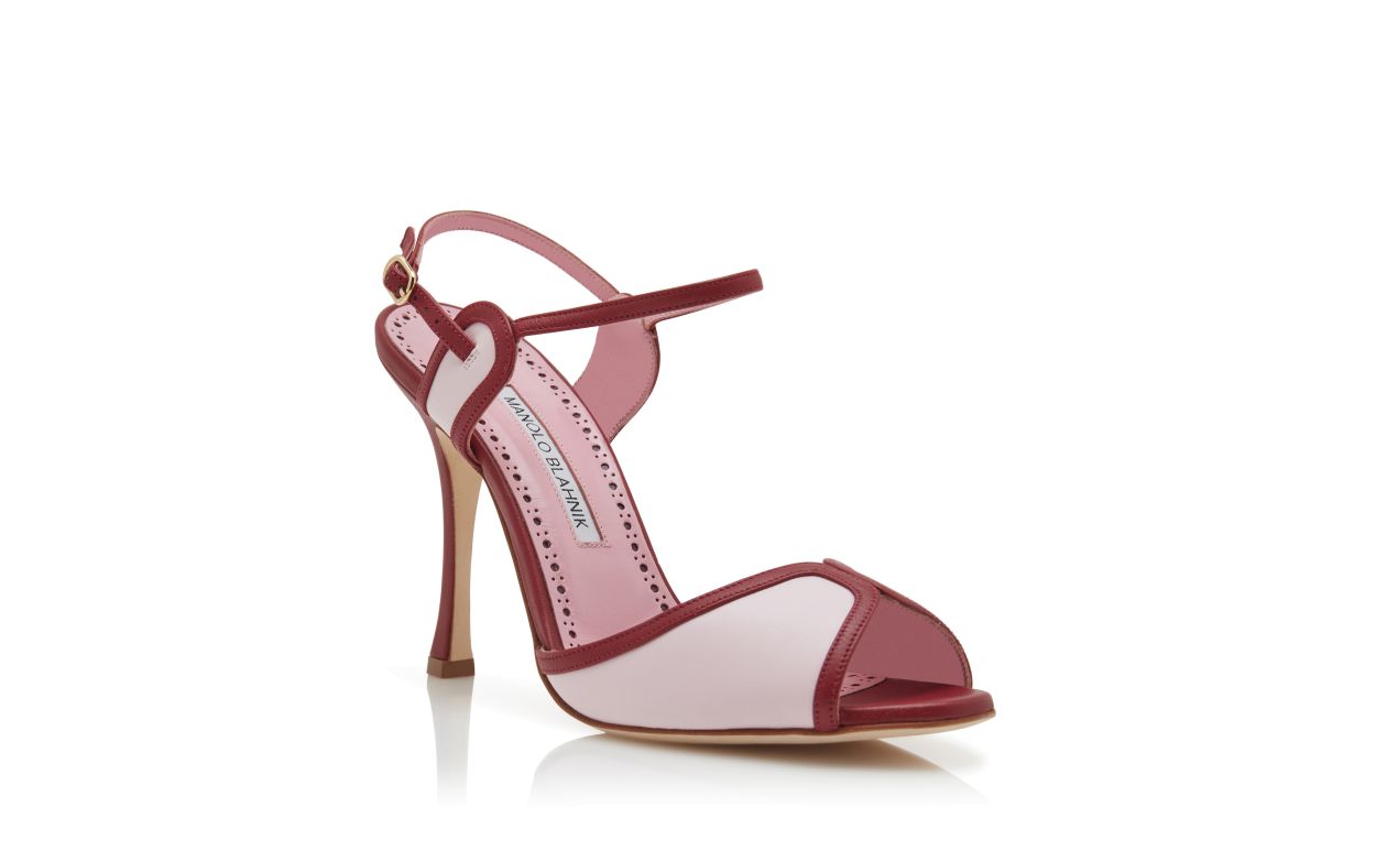 Sandalias de cuero napa rojo y rosa con tirante para tobillo