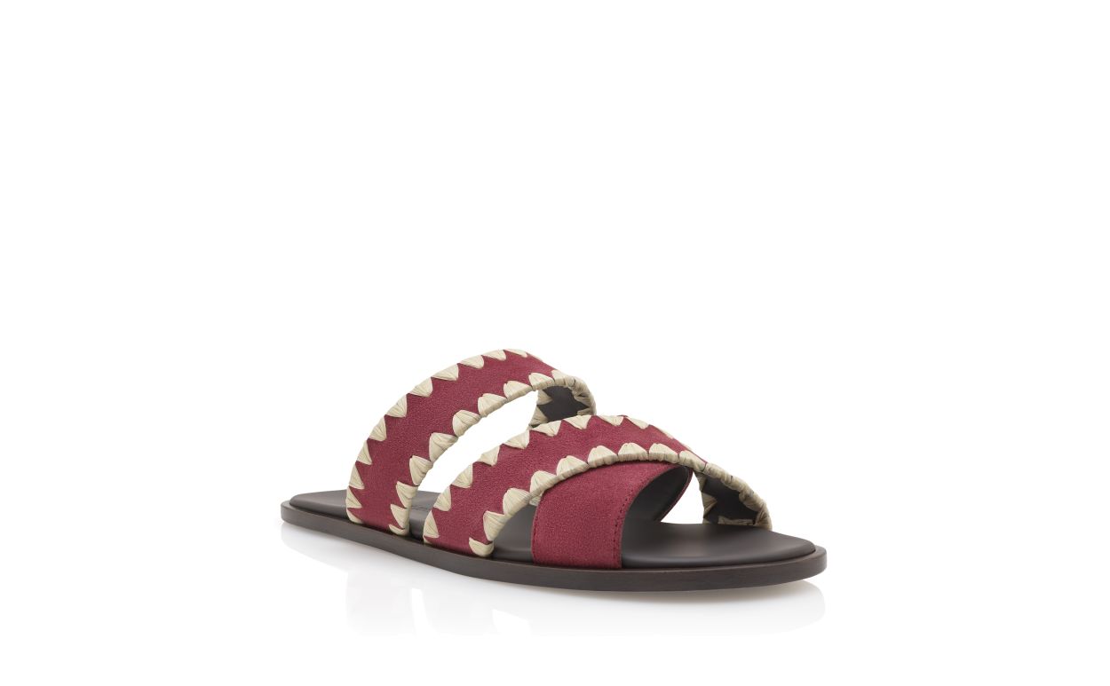 Sandalias planas de ante rojo oscuro con puntada de mantel
