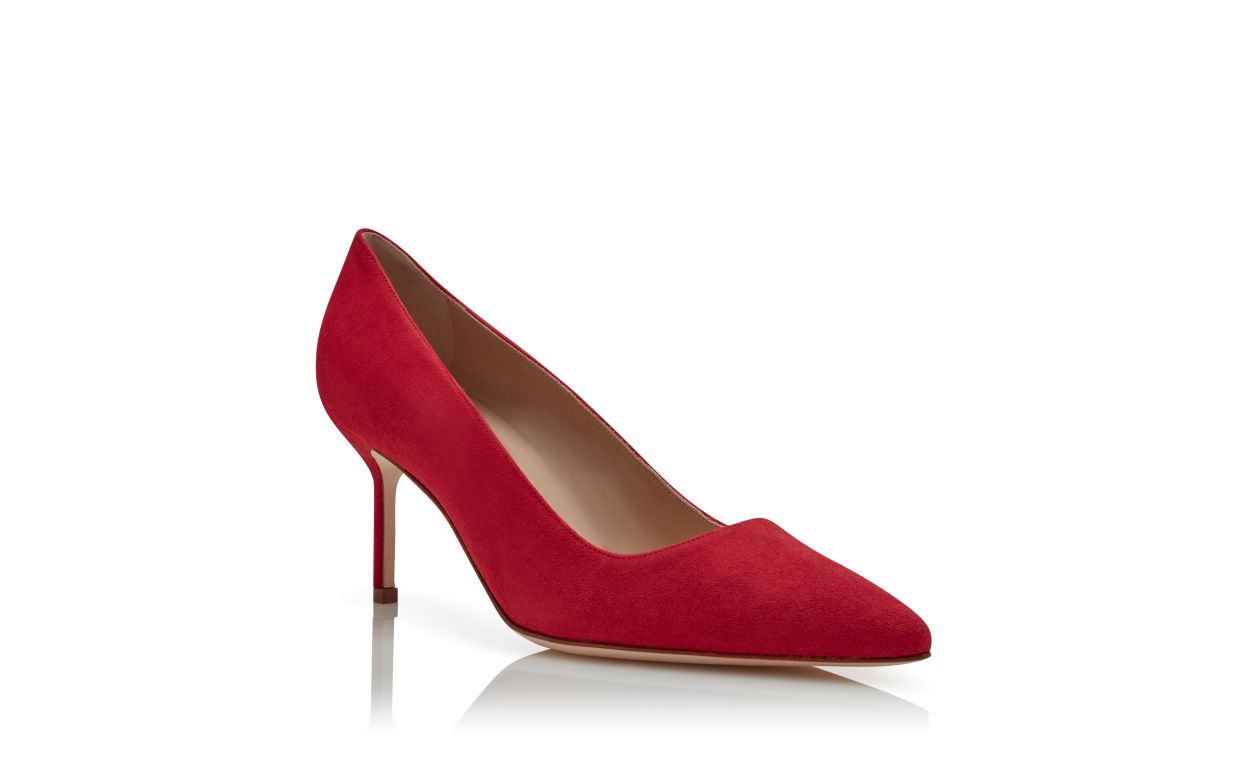 Zapatos de tacón punta de pico de ante rojo brillante