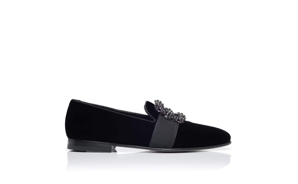 Zapatillas de cuero con hebilla de joya de terciopelo negro