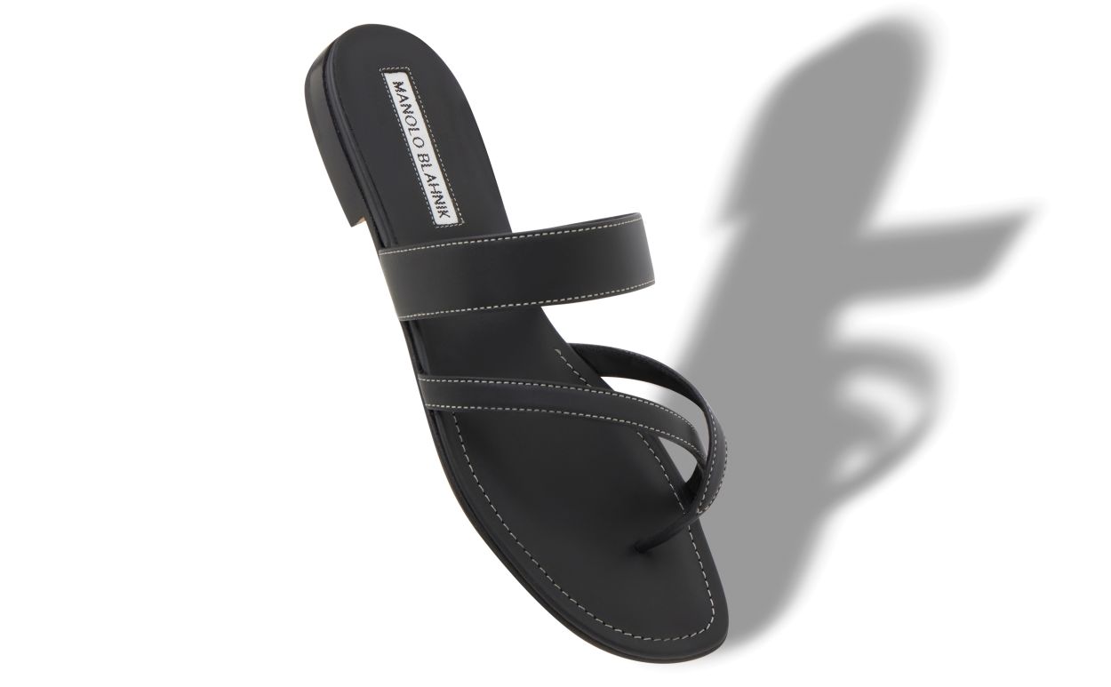 Sandalias planas de cuero de ternera negro con cordones cruzados
