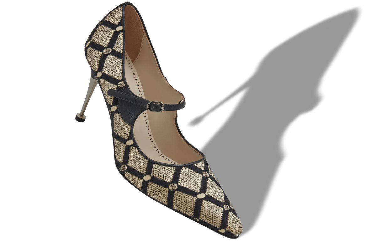 Zapatos de tacón alto Mary Jane de malla beige claro y negro