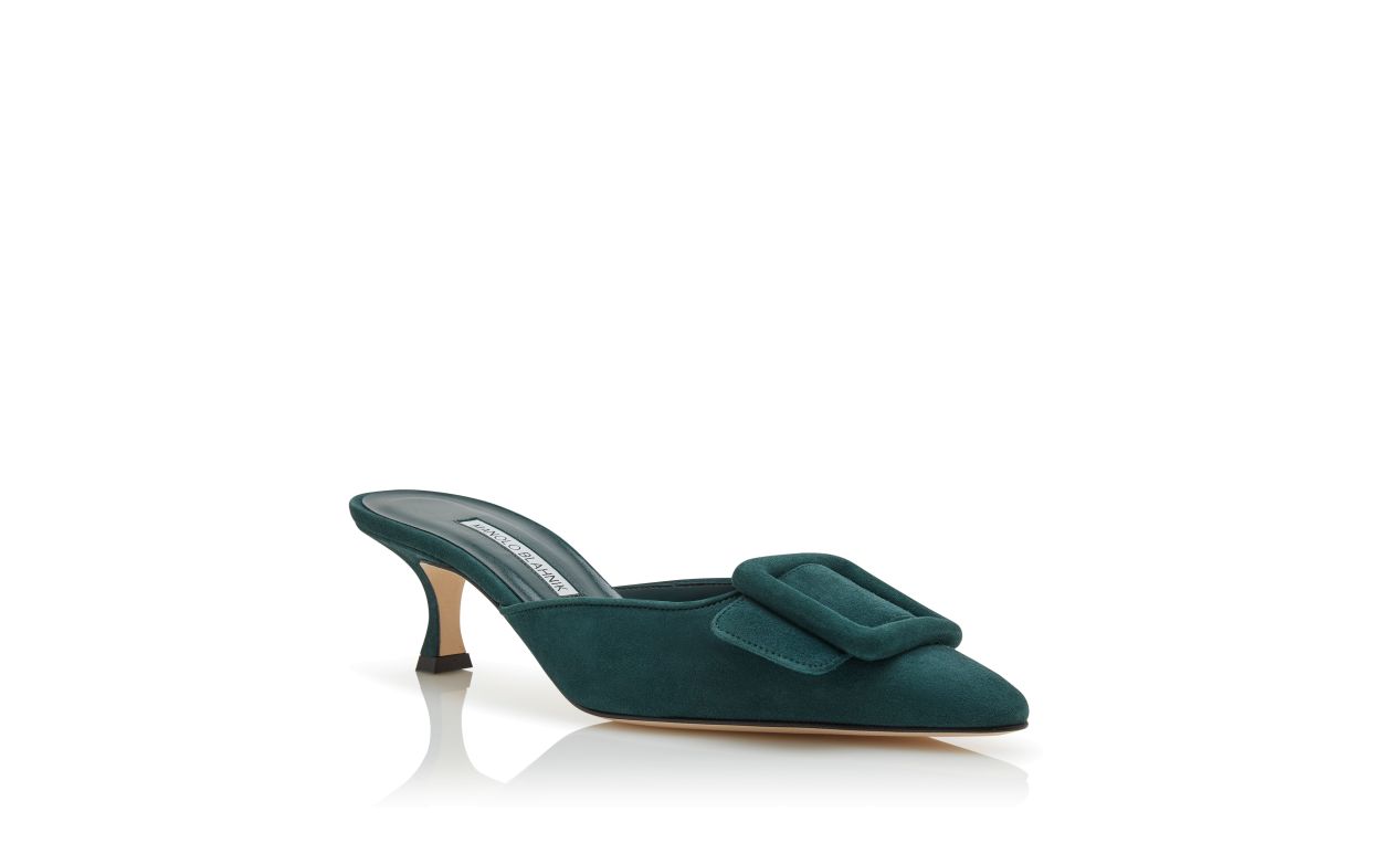 Mules de ante verde oscuro con detalle de hebilla