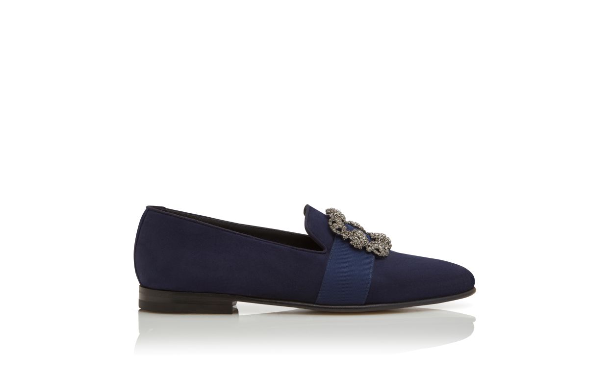 Zapatillas de cuero de cabritilla azul marino con hebilla de joya