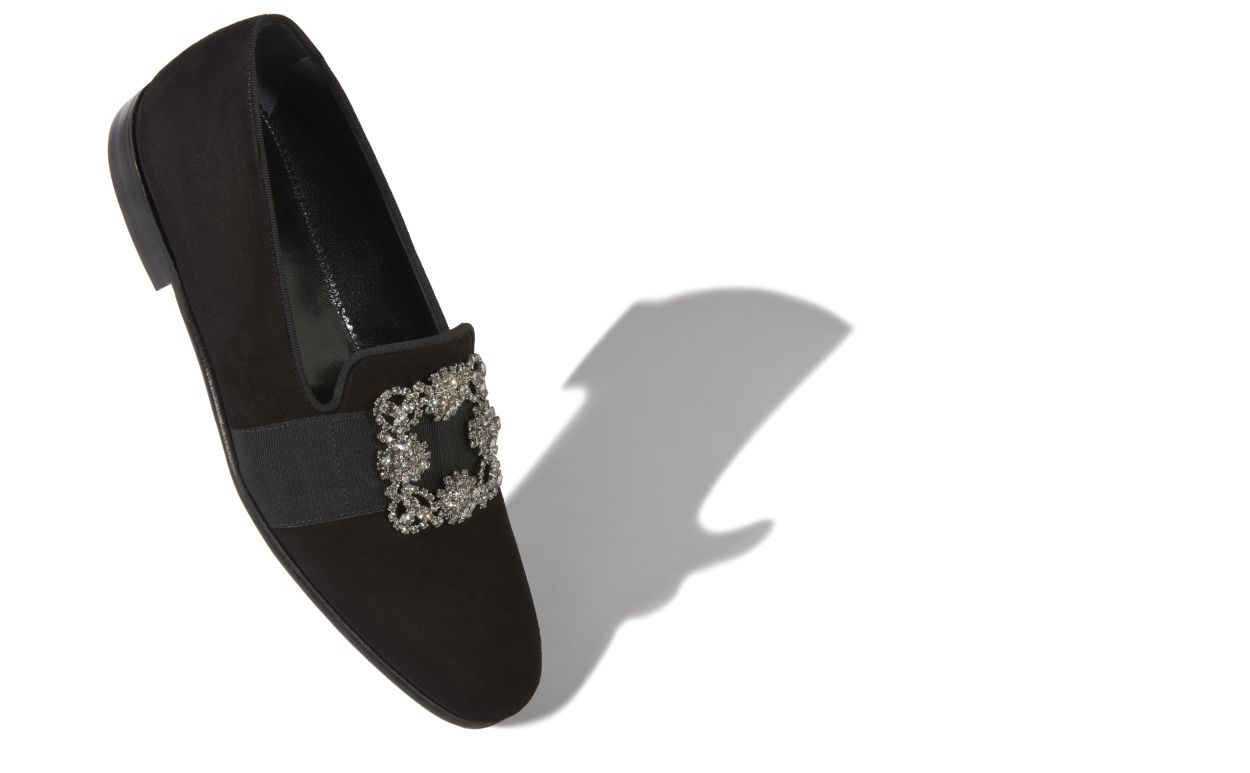 Zapatillas de Tela de Cabrito Negro con Hebilla de Cristal