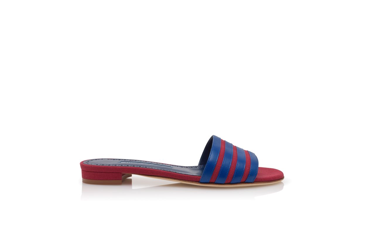 Mules planas de lino rojo y azul
