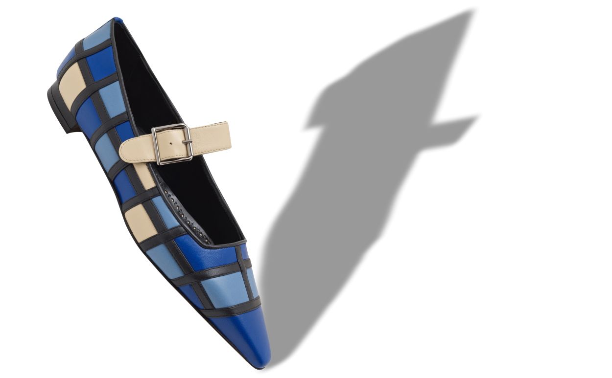 Zapatillas planas de cuero napa azul y crema tipo Mary Jane