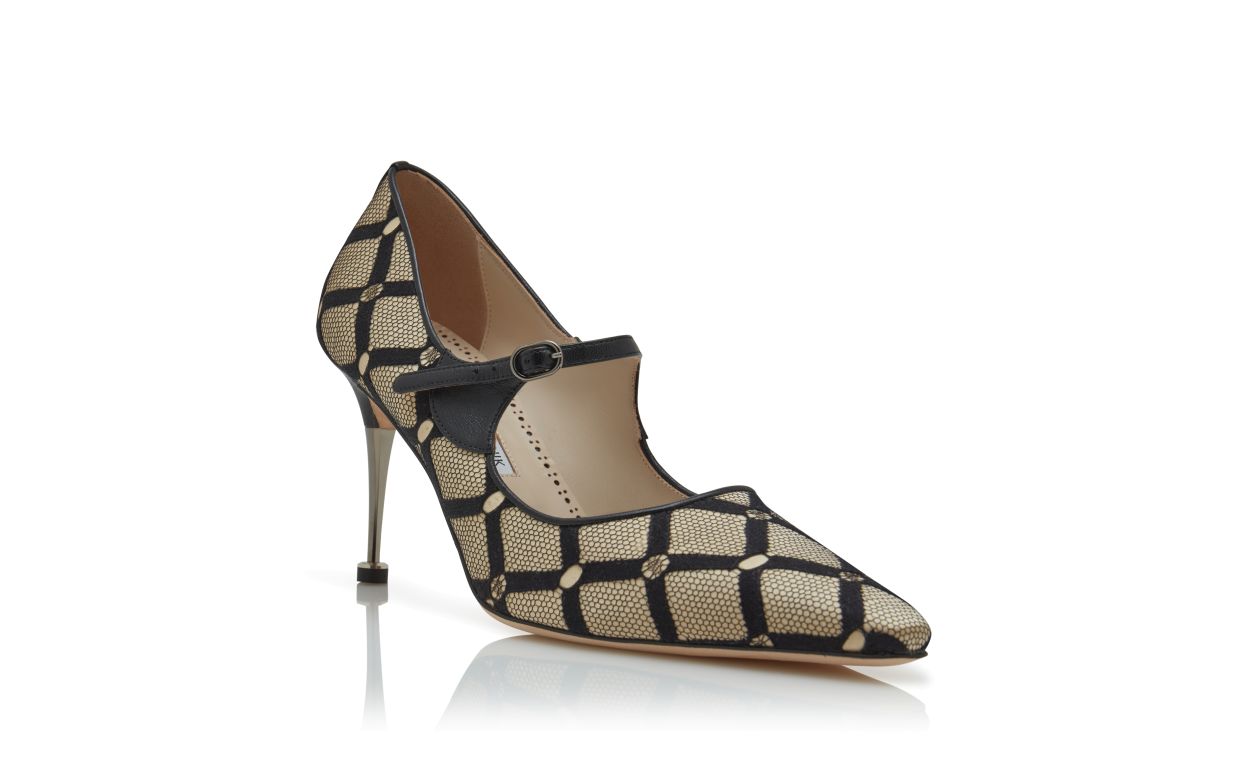 Zapatos de tacón alto Mary Jane de malla beige claro y negro