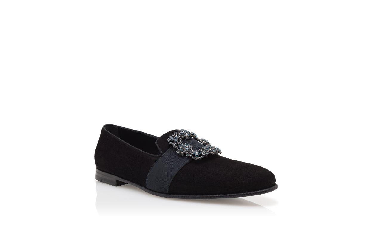 Zapatillas de ante negro con hebilla de joya