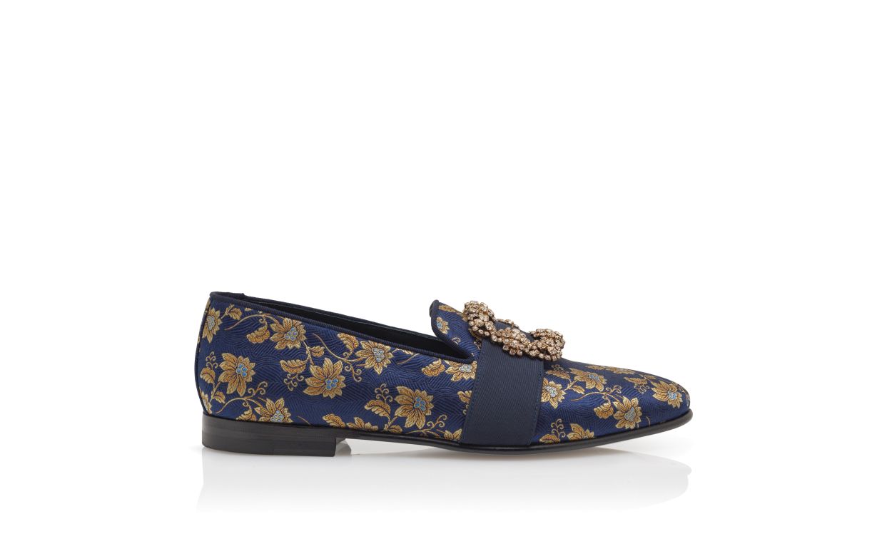 Zapatillas de cuero con hebilla de joya de seda floral azul marino