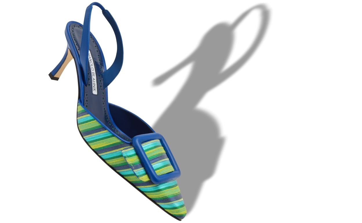 Zapatos de punta puntiaguda de algodón azul y verde con hebilla
