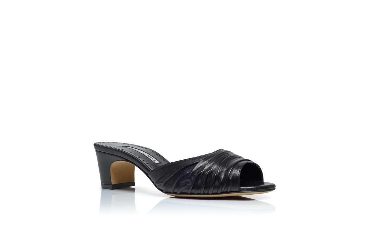 Mocasines de cuero napa negro con detalles ruched y punta abierta