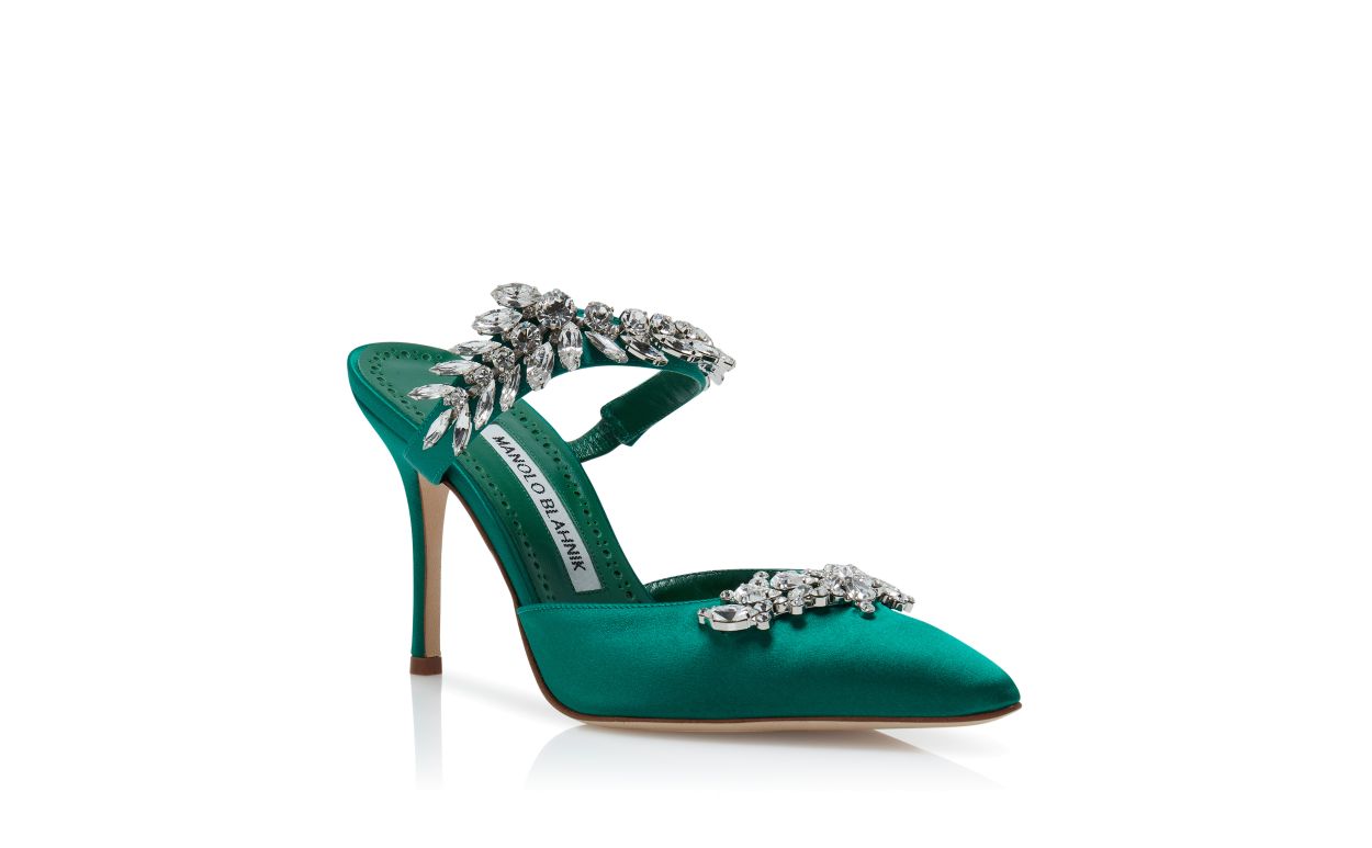 Mocasines de satín verde con adornos de cristal