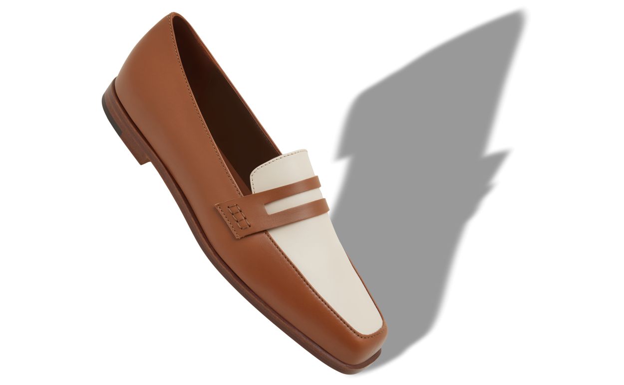 Zapatillas de cuero de vitela marrón y crema