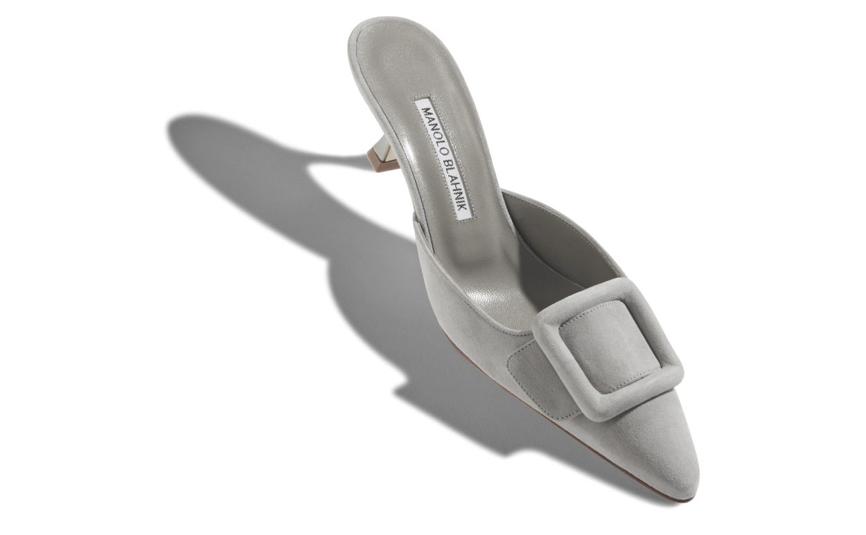 Mocasines de Piel de Cabrito Gris Claro con Tacón de Gato
