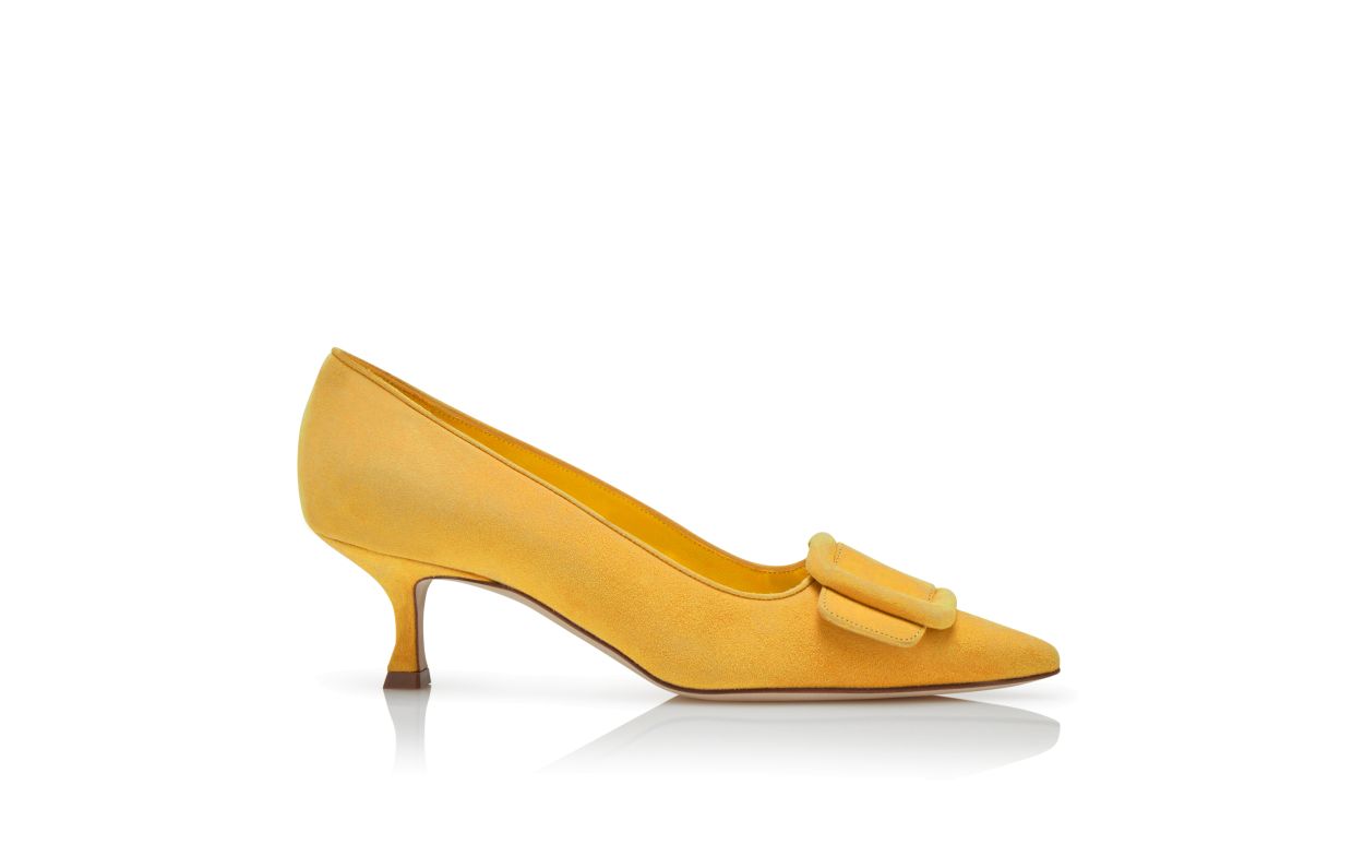 Zapatos de tacón de cuero de cabrito amarillo con hebilla