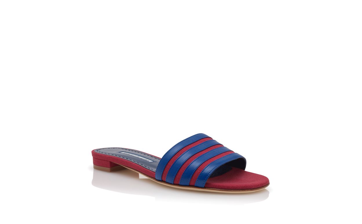 Mules planas de lino rojo y azul