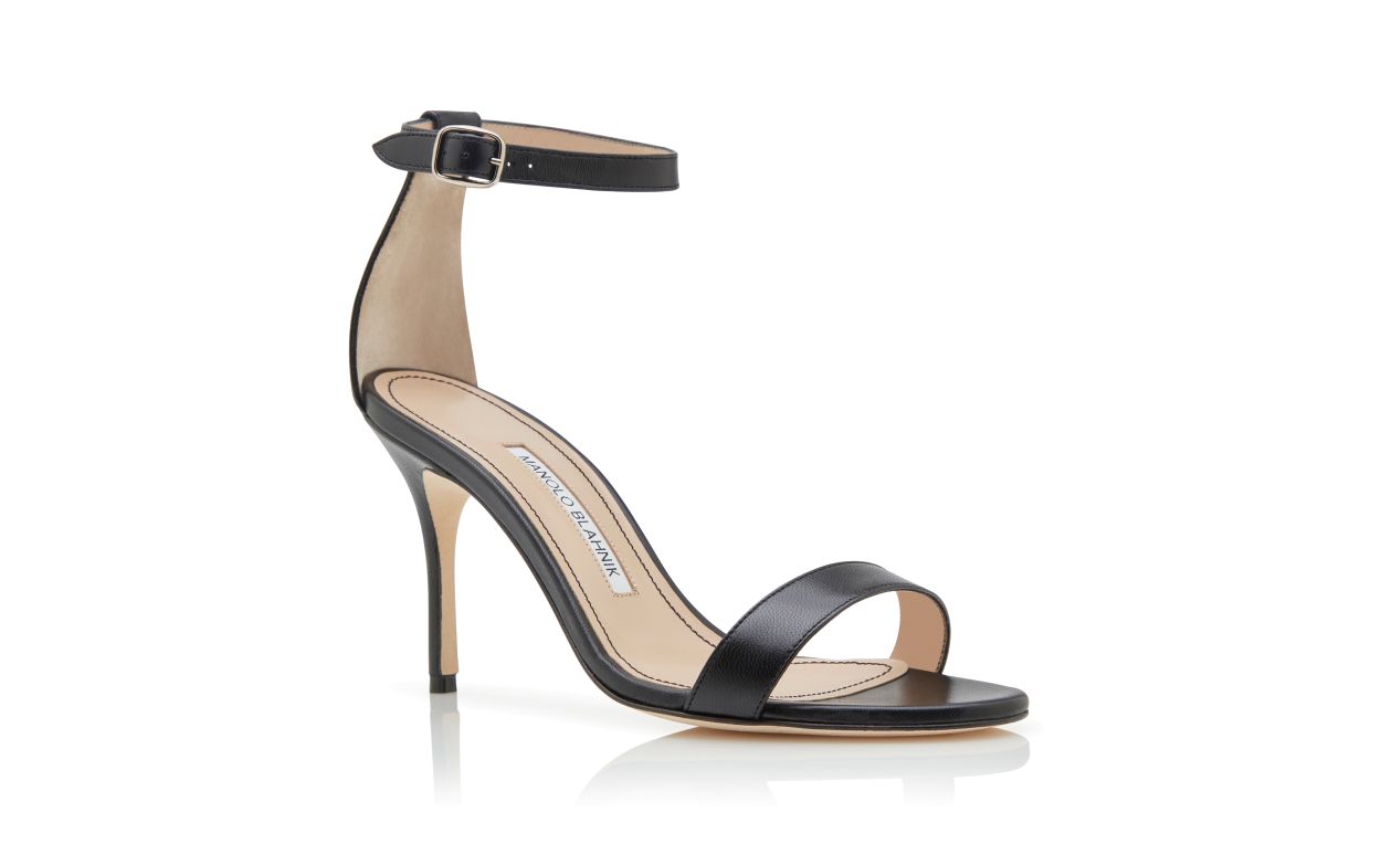 Sandalias de cuero de napa negro con correa para el tobillo