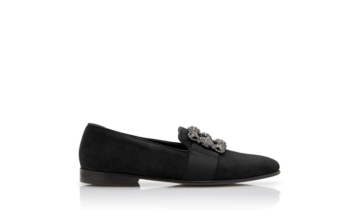Zapatillas de Tela de Cabrito Negro con Hebilla de Cristal
