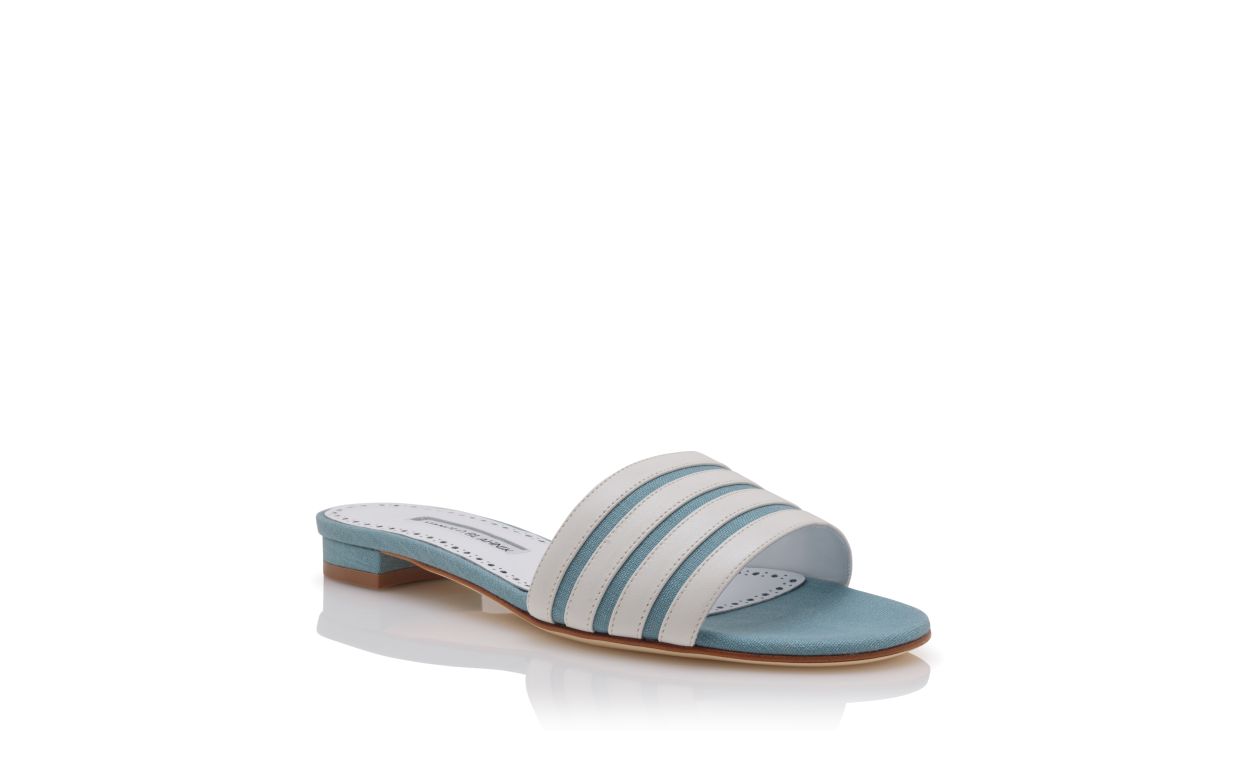 Mules planas de lino azul claro y blanco